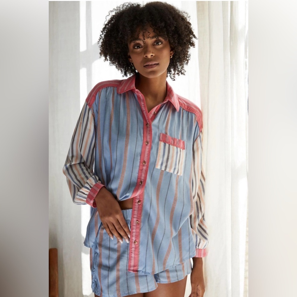 NWT By Anthropologie True Top Striped Top Sz L Printed Buttodown Long Sleeve